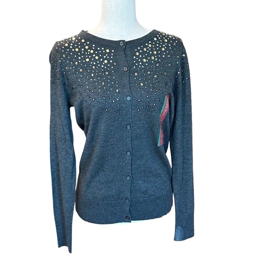 NWT Merona Women's Long Sleeve ButtonUp Cardigan Jeweled Embellished Grey Med